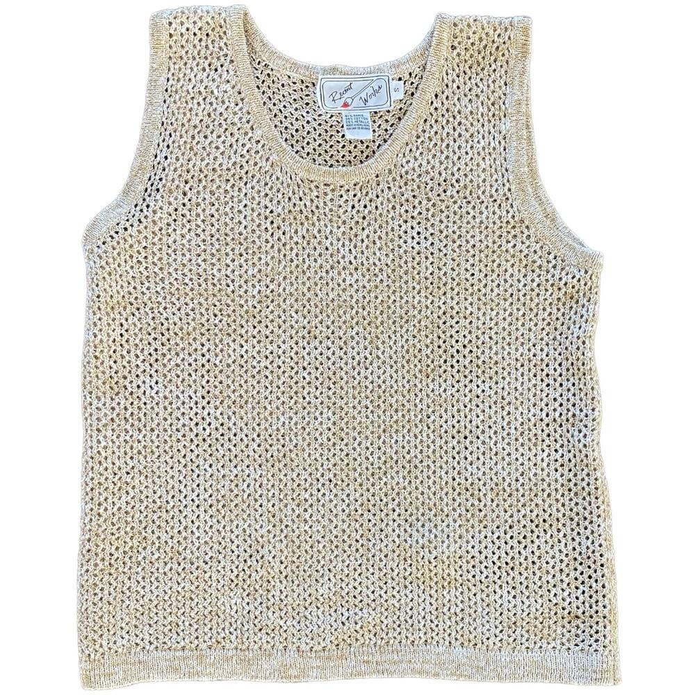 Vintage Gold Metallic Open Weave Sweater‎ Tank Glam Party Festi - Size Small - Picture 3 of 9